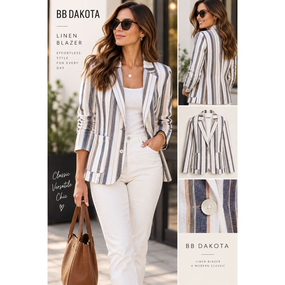 Anthropologie BB Dakota Striped Cotton Linen Long Sleeve Blazer Size S